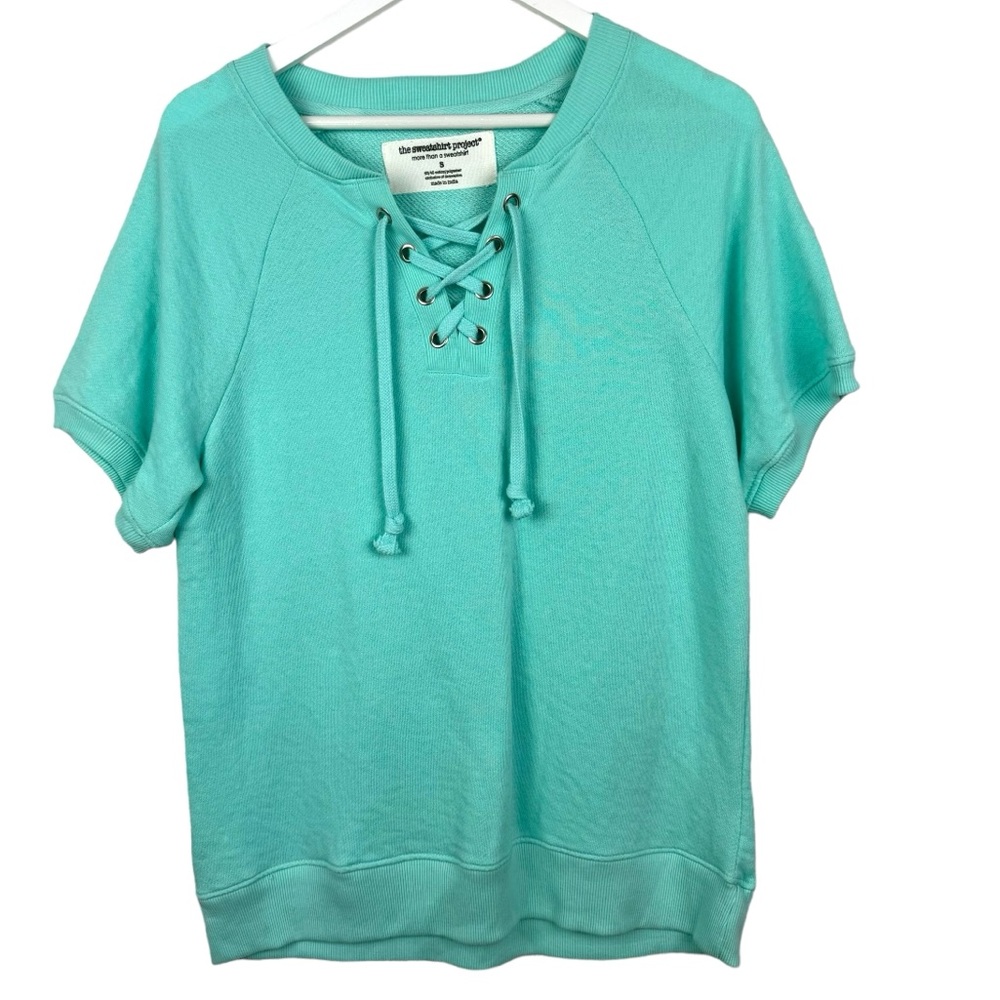 The Sweatshirt Project Sweater Womens Small Mint Blue Short Sleeve Lace Up VNeck